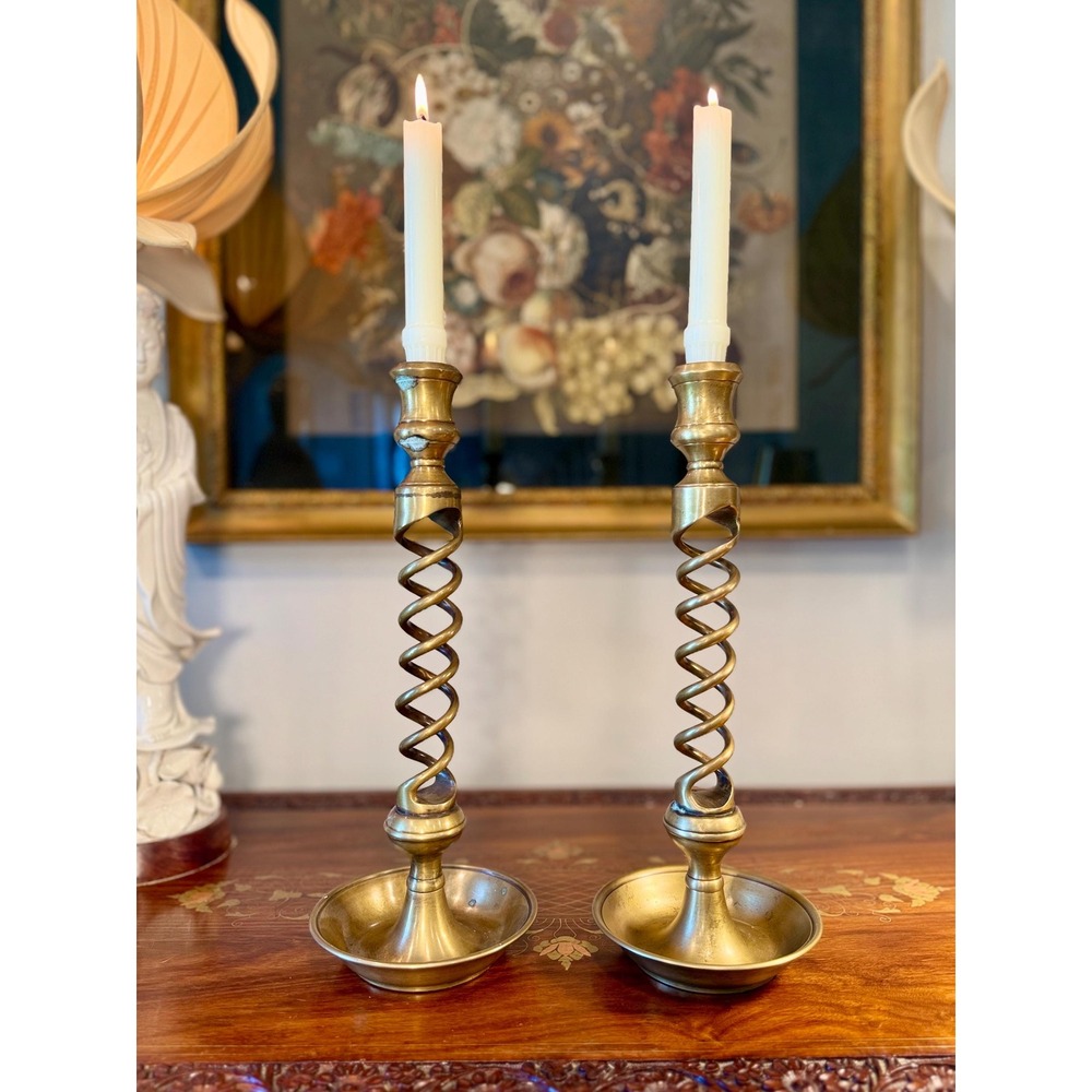 Vintage Solid Brass Barley Twist Candlesticks Pair • 13.75"